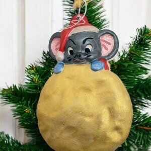 Vintage Christmas Mouse Ornament Peeking Out from Behind Toy Bag Hand Painted